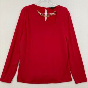 INC International Concepts size XXL Red Stretch Knit Gold Chain Blouse Evening